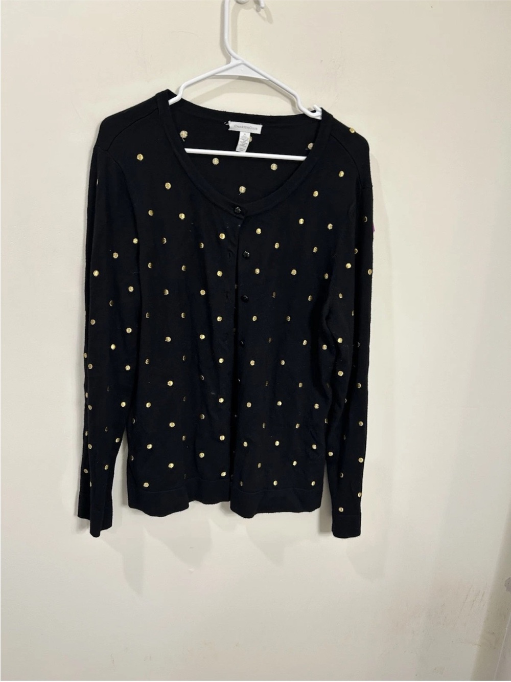 Charter Club Black Cardigan with Gold Polka Dots